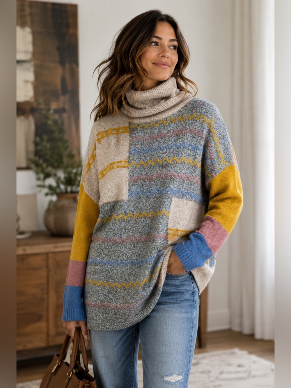 GiGio Color Block and Multi Stripe Turtleneck Oversized Sweater Small